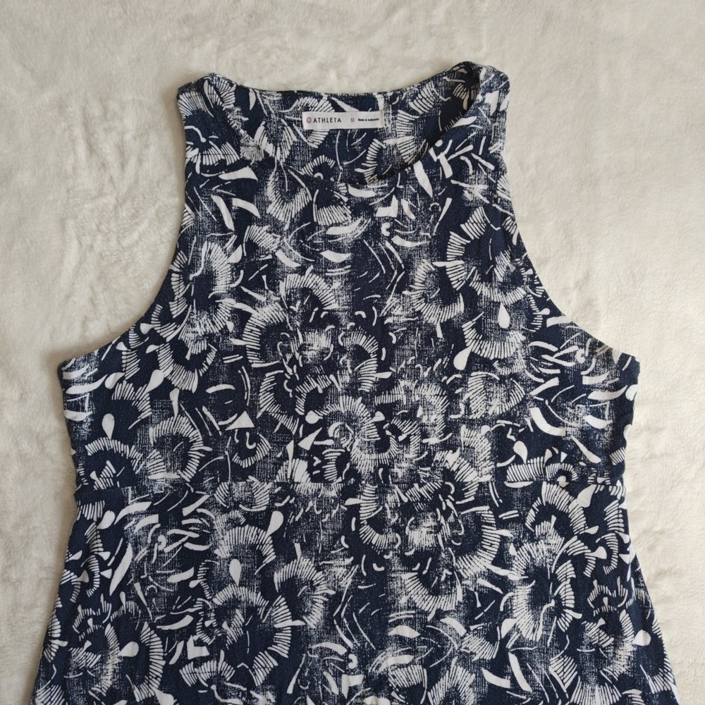 Athleta Medium Santorini Dress navy blue‎ white Tropical Floral Fit Flare A-Line - Picture 3 of 11